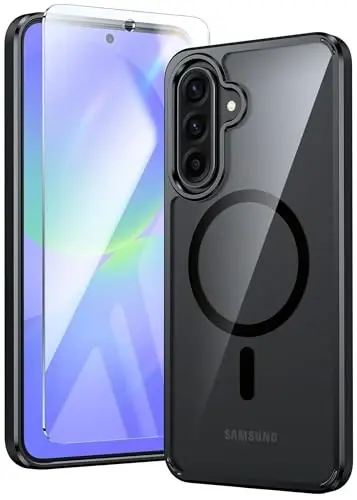 Чехол FNTCASE для Samsung Galaxy A36 5G: магнитный, военный класс защиты от падений, нежелтеющий, противоударный, прозрачный (черный) - 1