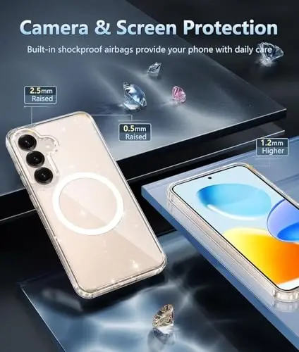 Чехол FNTCASE для Samsung Galaxy S25: для Galaxy S24, прозрачный, магнитный, военный класс защиты от падений, ударопрочный, не желтеет, тонкий, прочный бампер (с блестками) - 4
