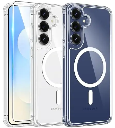 Чехол FNTCASE для Samsung Galaxy S25-FE: магнитный прозрачный чехол военного класса с защитой от падений и пожелтения, прочный ударопрочный защитный бампер. 