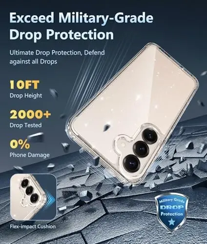 Чехол FNTCASE для Samsung Galaxy S25: военная защита от падений, антижелтеющее покрытие, прочный ударопрочный бампер, прозрачный чехол (с блестками) - 3