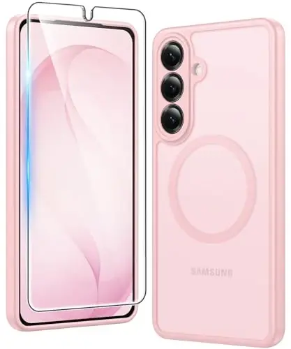 Чехол FNTCASE для Samsung Galaxy S26-Plus: матовый магнитный чехол с защитной пленкой для экрана, совместимый с Magsafe, тонкий, защитный полупрозрачный чехол, устойчивый к пожелтению (C-Frosted Pink Magnetic) 