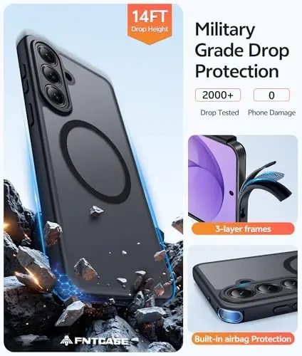 Чехол FNTCASE для Samsung Galaxy S26+ Plus: [Подходит для Magsafe] [Полная защита камеры + Защитная пленка для экрана] Полупрозрачный матовый военного класса - Ударопрочный защитный чехол для телефона для S26 Plus - Черный - 5