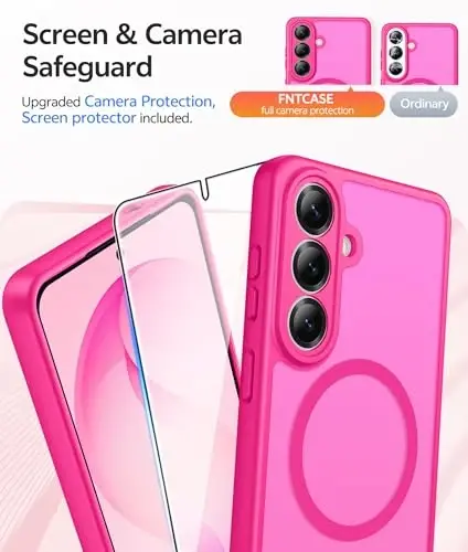 Чехол FNTCASE для Samsung Galaxy S26+ Plus: [Совместимость с Magsafe] [Полная защита камеры + Защитное стекло] Полупрозрачный матовый военного класса - Ударопрочный защитный чехол для телефона для S26 Plus - Ярко-розовый - 4