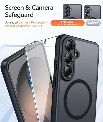 Чехол FNTCASE для Samsung Galaxy S26: [Поддерживает Magsafe] [Полная защита камеры и защитное стекло] Полупрозрачный матовый военного класса - ударопрочный защитный чехол для телефона для Samsung S 26 - черный 6,3 дюйма - 4