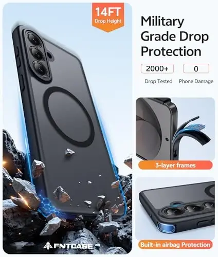 Чехол FNTCASE для Samsung Galaxy S26: [Поддерживает Magsafe] [Полная защита камеры и защитное стекло] Полупрозрачный матовый военного класса - ударопрочный защитный чехол для телефона для Samsung S 26 - черный 6,3 дюйма - 5