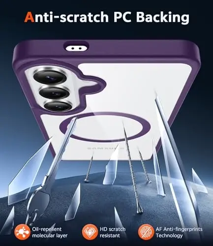 Чехол FNTCASE для Samsung Galaxy S26: Прозрачный магнитный чехол с защитной пленкой для экрана, совместимый с Magsafe, тонкий, не желтеющий, ударопрочный защитный прозрачный чехол (фиолетовый магнитный) - 5