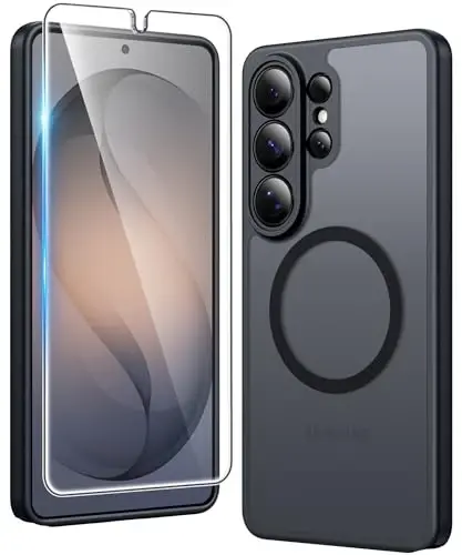 Чехол FNTCASE для Samsung Galaxy S26-Ultra: Матовый магнитный полупрозрачный чехол с защитой экрана и линз, совместим с Magsafe, ударопрочный (матовый черный магнитный) 