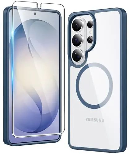 Чехол FNTCASE для Samsung Galaxy S26 Ultra: Прозрачный магнитный чехол с защитой экрана, совместимый с Magsafe, тонкий, устойчивый к пожелтению, прочный защитный прозрачный чехол для телефона (синий магнитный) 