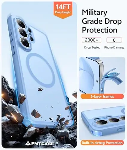 Чехол FNTCASE для Samsung Galaxy S26 Ultra: [Совместимость с Magsafe] [Полная защита камеры] Полупрозрачные матовые чехлы с [Защитным стеклом] Ударопрочный защитный чехол военного класса — Светло-голубой - 5