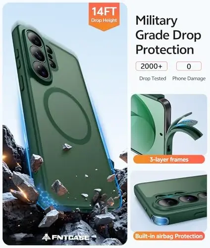Чехол FNTCASE для Samsung Galaxy S26 Ultra: [Совместимость с Magsafe] [Полная защита камеры] Полупрозрачные матовые чехлы с [Защитным стеклом] Ударопрочный защитный чехол военного класса - Зеленый - 5