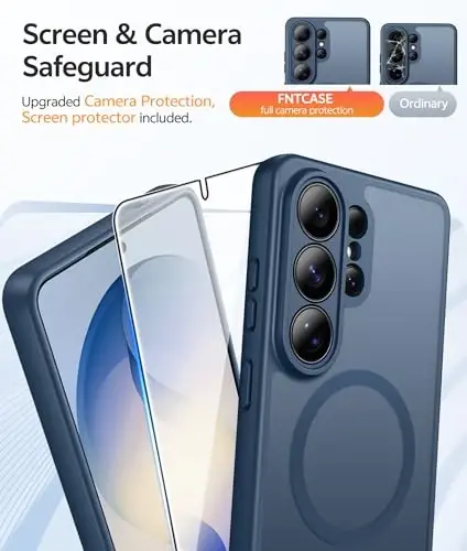 Чехол FNTCASE для Samsung Galaxy S26 Ultra: [Совместимость с Magsafe] [Полная защита камеры] Полупрозрачный матовый чехол с [защитной пленкой для экрана] Ударопрочный защитный чехол военного класса — синий - 4