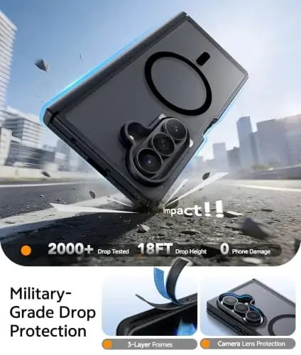 Чехол FNTCASE для Samsung Galaxy Z Fold 7: чехол для Galaxy Z Fold 8 Ultra [Защита шарнира + Защитная пленка] [Поддержка Magsafe] Военная защита от падений, полупрозрачный матовый чехол для телефона - Черный - 4