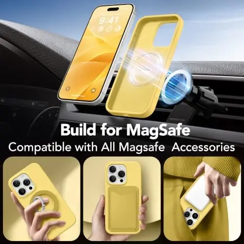 Чехол GONEZ Magnetic для iPhone 15 Pro Max, [Совместим с MagSafe] Подкладка из микрофибры и защитное стекло, силиконовое управление камерой, ударопрочный тонкий чехол, 6,7 дюйма, кремово-желтый - 3