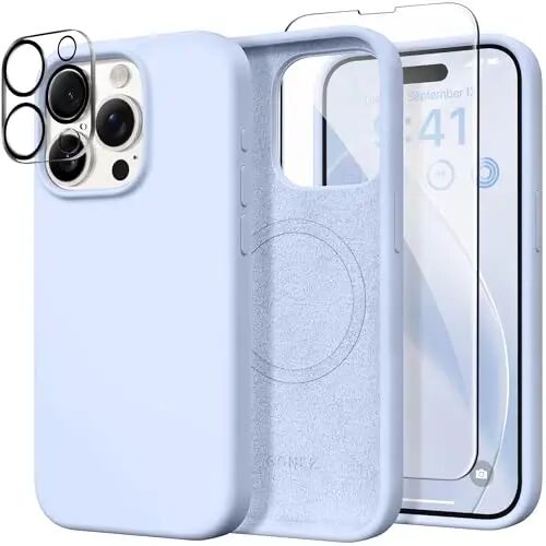 Чехол GONEZ Magnetic для iPhone 15 Pro, совместимый с MagSafe, [Защитное стекло экрана + Защита объектива камеры], силиконовый противоударный защитный чехол 6,1 дюйма, небесно-голубой 