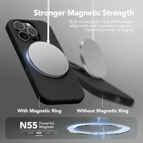 Чехол GONEZ Magnetic для iPhone 16 Pro Max, силиконовый, черный | Совместим с MagSafe, кнопкой камеры и защитным стеклом, подкладка из микрофибры, 3 слоя, мягкий гель, ударопрочный, тонкий, 6,9