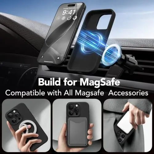 Чехол GONEZ Magnetic для iPhone 16 Pro Max, силиконовый, черный | Совместим с MagSafe, кнопкой камеры и защитным стеклом, подкладка из микрофибры, 3 слоя, мягкий гель, ударопрочный, тонкий, 6,9