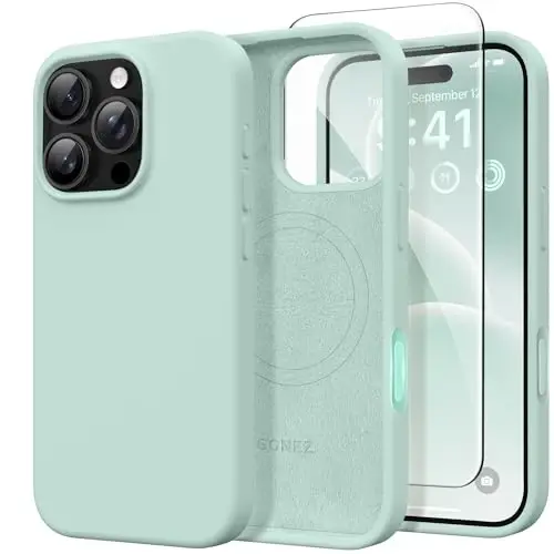 Чехол GONEZ Magnetic для iPhone 16 Pro, [совместим с MagSafe], подкладка из микрофибры против царапин и защитная пленка для экрана, силиконовое управление камерой, ударопрочный тонкий чехол 6,3 дюйма, мятно-зеленый - GONEZ