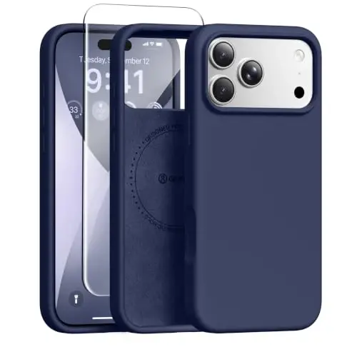 Чехол GONEZ Magnetic для iPhone 17 Pro, силиконовая накладка, темно-синий | Совместимость с MagSafe, кнопкой камеры и защитным экраном, подкладка из микрофибры, 3 слоя, мягкий гель, ударопрочный, тонкий, 6,3 дюйма 