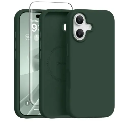 Чехол GONEZ Magnetic для iPhone 17, силиконовый, армейский зелёный | Совместим с MagSafe, кнопкой камеры и защитным стеклом, подкладка из микрофибры, 3 слоя, мягкий гель, ударопрочный, тонкий, 6,3