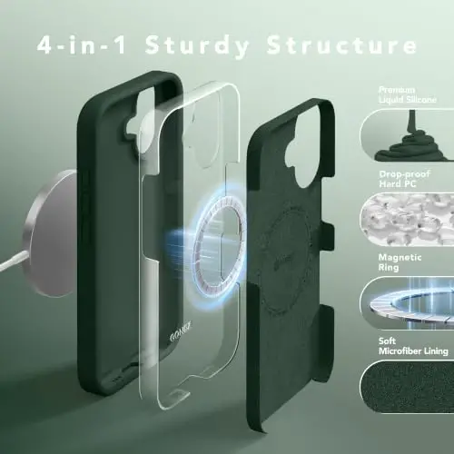 Чехол GONEZ Magnetic для iPhone 17, силиконовый, армейский зелёный | Совместим с MagSafe, кнопкой камеры и защитным стеклом, подкладка из микрофибры, 3 слоя, мягкий гель, ударопрочный, тонкий, 6,3