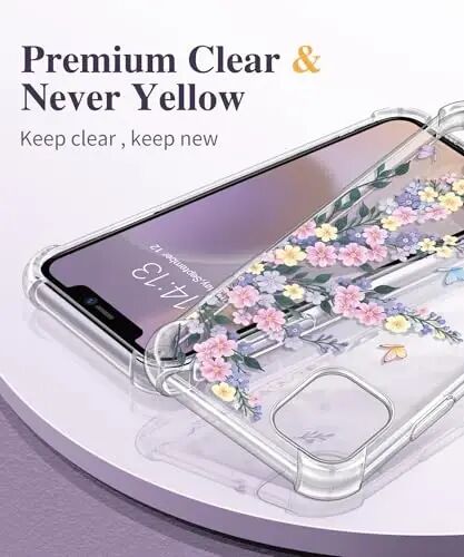 Чехол GVIEWIN для iPhone 11 с цветочным принтом, с защитной пленкой для экрана и защитой объектива камеры [не желтеет], мягкий ударопрочный прозрачный защитный чехол для телефона для женщин, дизайн с цветочным узором 6,1 дюйма (Лен/Синий) - 3