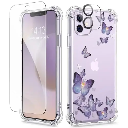 Чехол GVIEWIN для iPhone 11 с цветочным принтом, защитой экрана и объектива камеры, [не желтеющий] мягкий противоударный прозрачный защитный чехол для женщин, дизайн с цветочным узором 6,1 дюйма (Очаровательная бабочка) - 2