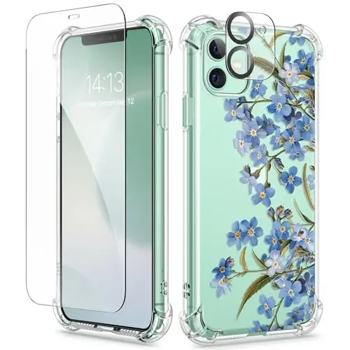 Чехол GVIEWIN для iPhone 11 с цветочным принтом, защитой экрана и объектива камеры, [не желтеющий] мягкий ударопрочный прозрачный защитный чехол для женщин, дизайн с цветочным узором 6,1 дюйма (аконит/синий) 