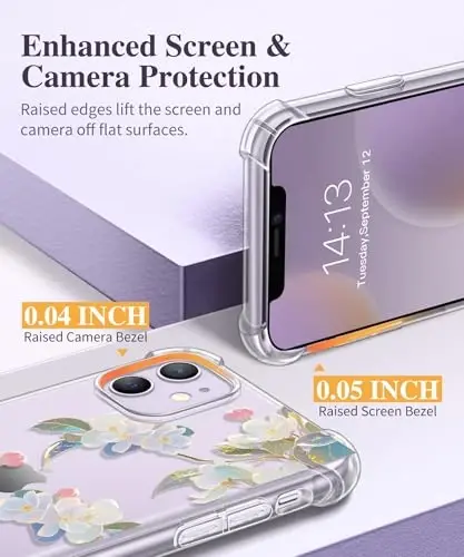 Чехол GVIEWIN для iPhone 11 с цветочным принтом, защитой экрана и объектива камеры, [не желтеющий] мягкий ударопрочный прозрачный защитный чехол для женщин, дизайн с цветочным узором 6,1 дюйма (Цветок яблони/Белый) - 5