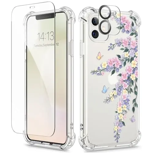 Чехол GVIEWIN для iPhone 11 с цветочным принтом, защитой экрана и объектива камеры, [не желтеющий] мягкий ударопрочный прозрачный защитный чехол для женщин, дизайн с цветочным узором 6,1 дюйма (лен/синий) 