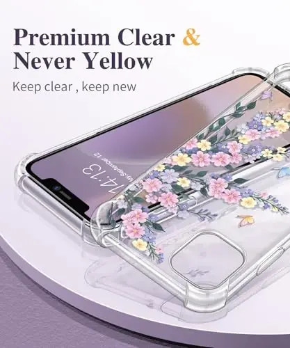 Чехол GVIEWIN для iPhone 11 с цветочным принтом, защитой экрана и объектива камеры, [не желтеющий] мягкий ударопрочный прозрачный защитный чехол для женщин, дизайн с цветочным узором 6,1 дюйма (лен/синий) - 3