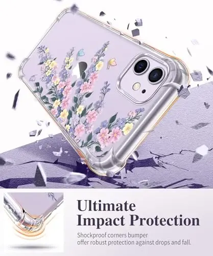 Чехол GVIEWIN для iPhone 11 с цветочным принтом, защитой экрана и объектива камеры, [не желтеющий] мягкий ударопрочный прозрачный защитный чехол для женщин, дизайн с цветочным узором 6,1 дюйма (лен/синий) - 4