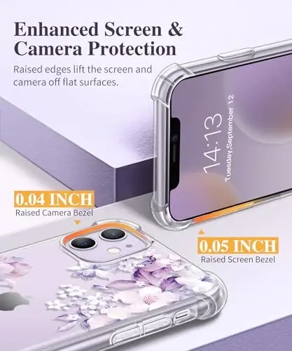 Чехол GVIEWIN для iPhone 11 с цветочным принтом, защитой экрана и объектива камеры, нежелтеющий, мягкий ударопрочный прозрачный чехол для женщин, дизайн с цветами 6,1 дюйма (Foliolosa/фиолетовый) - 5