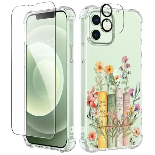 Чехол GVIEWIN для iPhone 12 и iPhone 12 Pro с цветочным принтом, защитной пленкой для экрана и защитой линз камеры, нежелтеющий, мягкий противоударный прозрачный чехол для женщин, цветочный узор 6,1 дюйма (Dasiphora) 