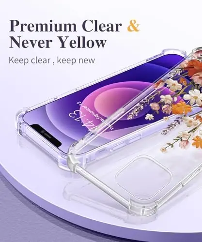 Чехол GVIEWIN для iPhone 12 и iPhone 12 Pro с цветочным принтом, защитой экрана и камеры, нескользящий, противоударный, прозрачный, для женщин, цветочный узор 6,1 дюйма (примула/коричневый) - 3