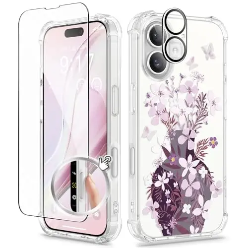 Чехол GVIEWIN для iPhone 12 и iPhone 12 Pro с цветочным принтом, защитой экрана и камеры, нескользящий, противоударный, прозрачный, для женщин, цветочный узор 6.1 дюйма (Ваза/Фиолетовый) - 2