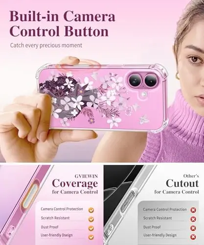 Чехол GVIEWIN для iPhone 12 и iPhone 12 Pro с цветочным принтом, защитой экрана и камеры, нескользящий, противоударный, прозрачный, для женщин, цветочный узор 6.1 дюйма (Ваза/Фиолетовый) - 4