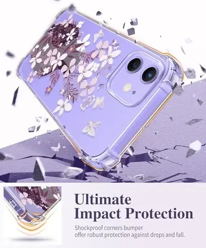 Чехол GVIEWIN для iPhone 12 и iPhone 12 Pro с цветочным принтом, защитой экрана и линз камеры, нежелтеющий, мягкий противоударный прозрачный чехол для женщин, цветочный узор 6.1 дюйма (Ваза/Фиолетовый) - 3