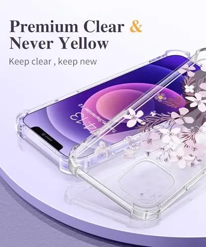 Чехол GVIEWIN для iPhone 12 и iPhone 12 Pro с цветочным принтом, защитой экрана и линз камеры, нежелтеющий, мягкий противоударный прозрачный чехол для женщин, цветочный узор 6.1 дюйма (Ваза/Фиолетовый) - GVIEWIN (1)