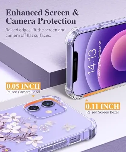 Чехол GVIEWIN для iPhone 12 и iPhone 12 Pro с цветочным принтом, защитой экрана и линз камеры, нежелтеющий, мягкий противоударный прозрачный чехол для женщин, цветочный узор 6.1 дюйма (Ваза/Фиолетовый) - 4