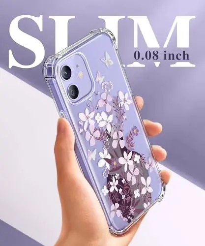 Чехол GVIEWIN для iPhone 12 и iPhone 12 Pro с цветочным принтом, защитой экрана и линз камеры, нежелтеющий, мягкий противоударный прозрачный чехол для женщин, цветочный узор 6.1 дюйма (Ваза/Фиолетовый) - 5