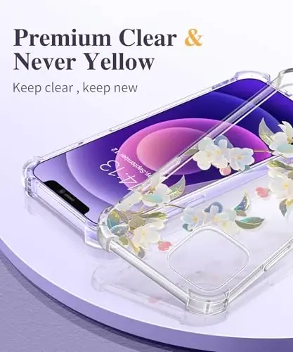 Чехол GVIEWIN для iPhone 12 и iPhone 12 Pro с цветочным принтом, защитой экрана и объектива камеры, [не желтеющий] мягкий противоударный прозрачный защитный чехол для женщин, цветочный узор 6,1 дюйма (Цветение яблони) - 2