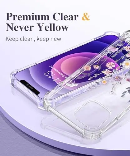 Чехол GVIEWIN для iPhone 12 и iPhone 12 Pro с цветочным принтом, защитой экрана и объектива камеры, [не желтеющий] мягкий противоударный прозрачный защитный чехол для женщин, цветочный узор 6,1 дюйма (Floratopia) - 3