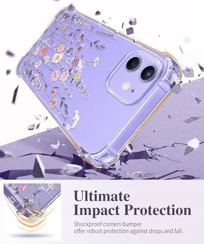 Чехол GVIEWIN для iPhone 12 и iPhone 12 Pro с цветочным принтом, защитой экрана и объектива камеры, [не желтеющий] мягкий противоударный прозрачный защитный чехол для женщин, цветочный узор 6,1 дюйма (Floratopia) - 4