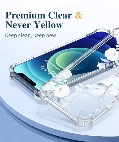 Чехол GVIEWIN для iPhone 12 и iPhone 12 Pro с цветочным принтом, защитой экрана и объектива камеры, [не желтеющий] мягкий противоударный прозрачный защитный чехол для женщин, с цветочным узором 6.1 дюйма (Гибискус) - 3