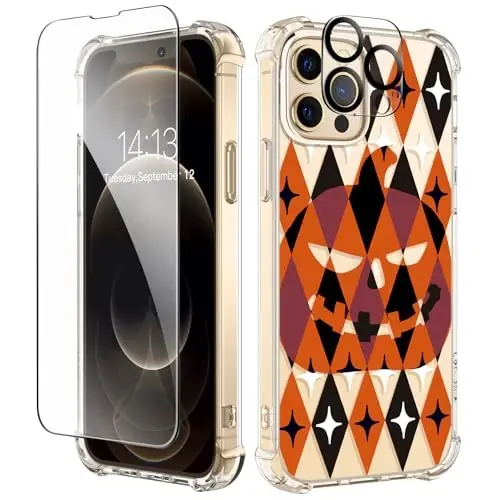 Чехол GVIEWIN для iPhone 12 и iPhone 12 Pro с цветочным узором, защитной пленкой для экрана и защитой объектива камеры, [не желтеющий] мягкий противоударный прозрачный чехол для женщин, цветочный узор 6.1 дюйма (Тыква) - GVIEWIN