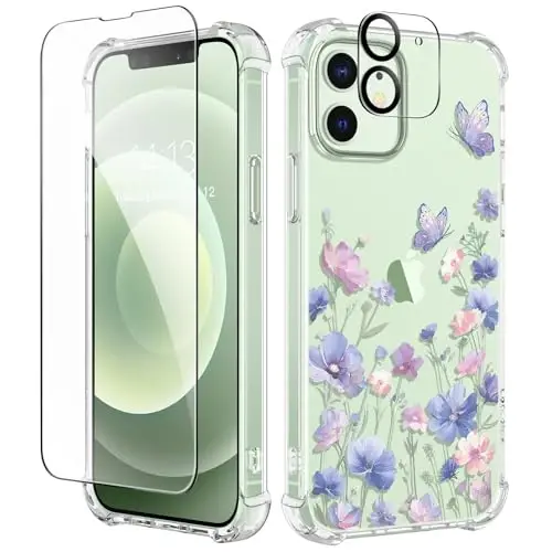 Чехол GVIEWIN для iPhone 12 и iPhone 12 Pro с цветочным узором, защитной пленкой для экрана и защитой объектива камеры, [не желтеющий] мягкий противоударный прозрачный защитный чехол для женщин, цветочный узор 6,1 дюйма (Bloomwing/Blue) 