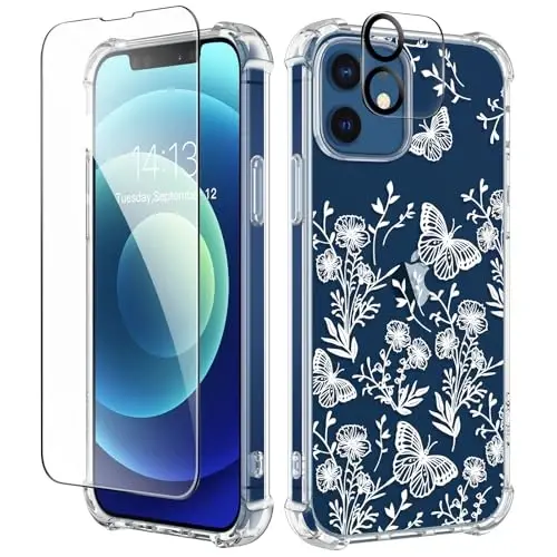 Чехол GVIEWIN для iPhone 12 и iPhone 12 Pro с цветочным узором, защитной пленкой для экрана и защитой объектива камеры, [не желтеющий] мягкий ударопрочный прозрачный чехол для женщин, цветочный узор 6,1 дюйма (Тубероза/Синий) 