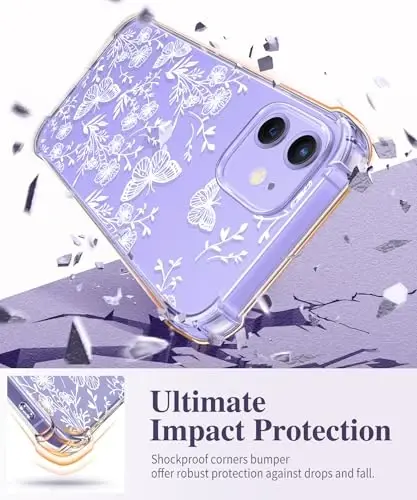 Чехол GVIEWIN для iPhone 12 и iPhone 12 Pro с цветочным узором, защитной пленкой для экрана и защитой объектива камеры, [не желтеющий] мягкий ударопрочный прозрачный чехол для женщин, цветочный узор 6,1 дюйма (Тубероза/Синий) - 4