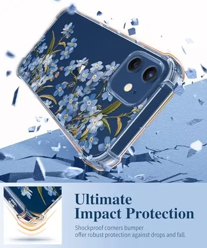 Чехол GVIEWIN для iPhone 12 и iPhone 12 Pro с цветочным узором, защитной пленкой для экрана и защитой объектива камеры, [не желтеющий] мягкий ударопрочный прозрачный защитный чехол для женщин, цветочный узор 6,1 дюйма (Аконит/Синий) - 4