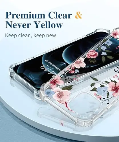 Чехол GVIEWIN для iPhone 12 и iPhone 12 Pro с цветочным узором, защитной пленкой для экрана и защитой объектива камеры, [не желтеющий] мягкий ударопрочный прозрачный защитный чехол для женщин, с цветочным принтом 6,1 дюйма (Catharanthus) - 3
